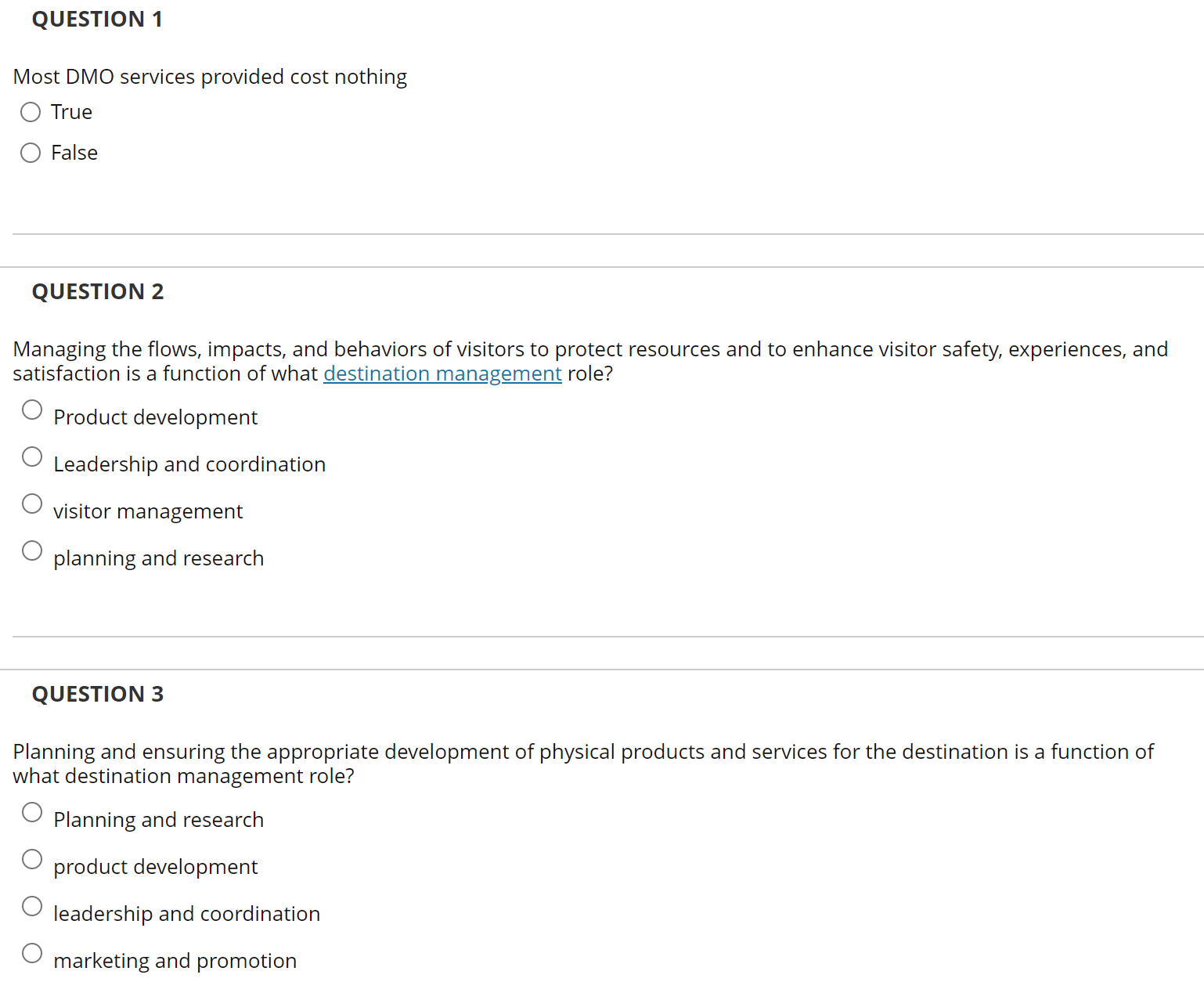 function of what destination management role? 0 Product development 0 Leadership and