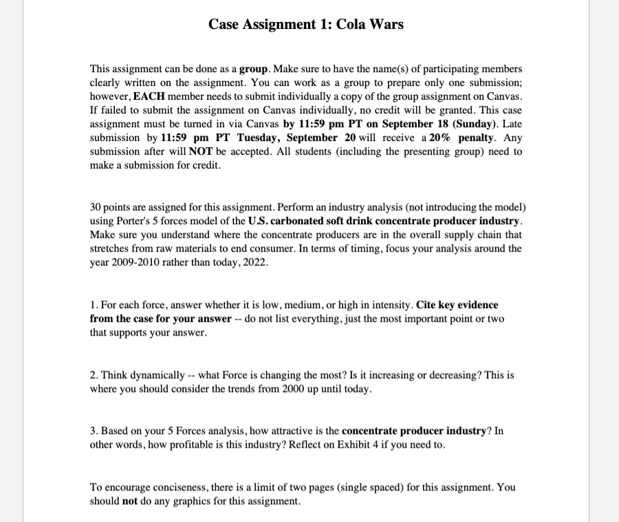 Case Assignment 1: Cola Wars This assignment can be done as