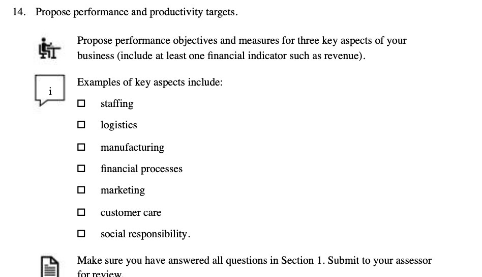 for three key aspects of your business (include at least one financial