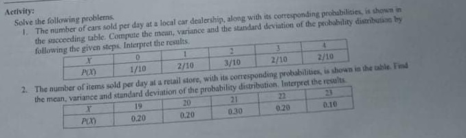 Solve the problems Activity: Solve the following problems I. The number of