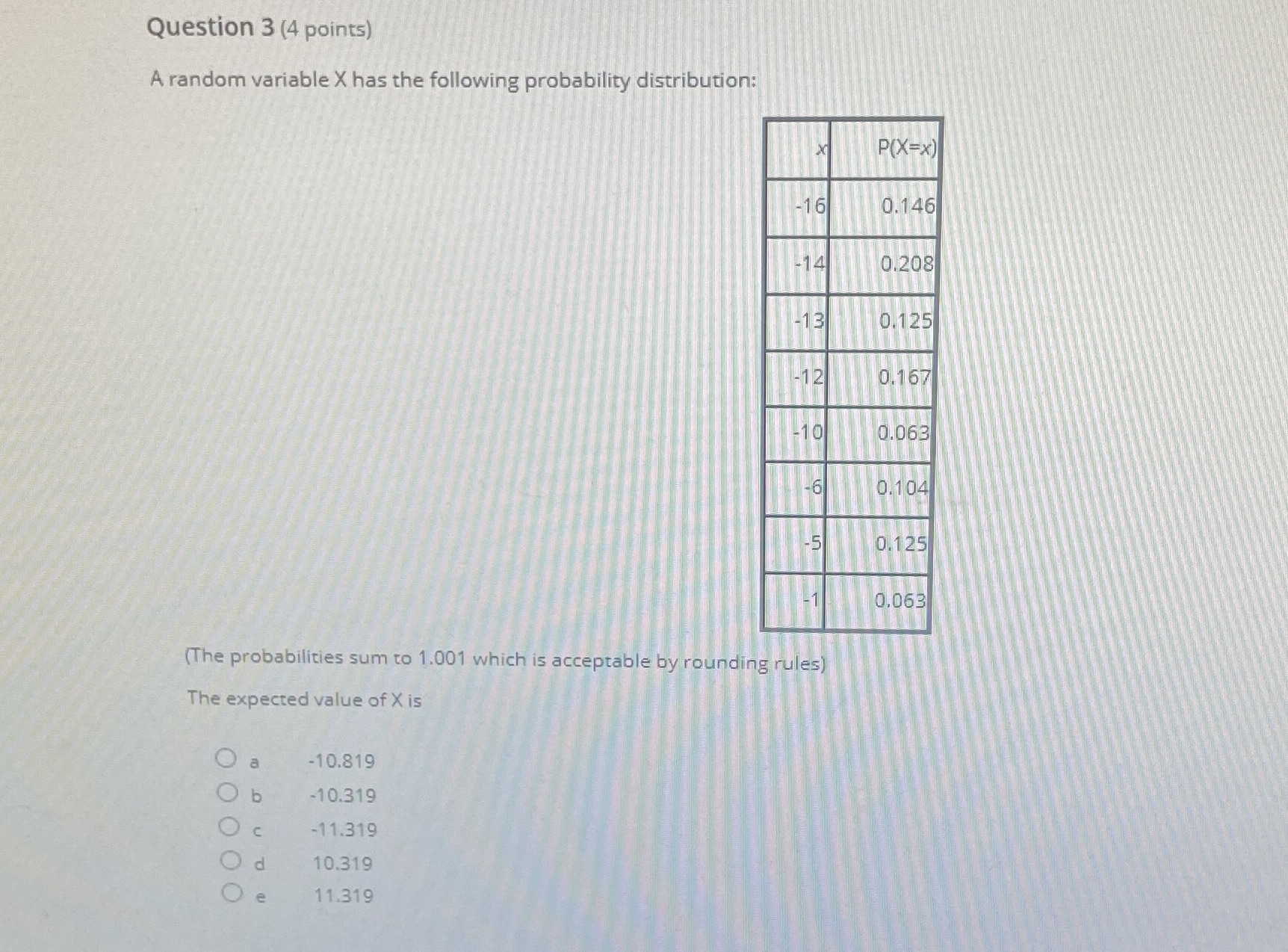  Question 3 (4 points) A random variable X has the following