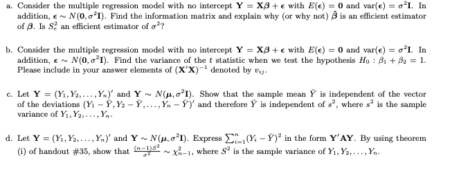 all four question please a. Consider the multiple regression model with no