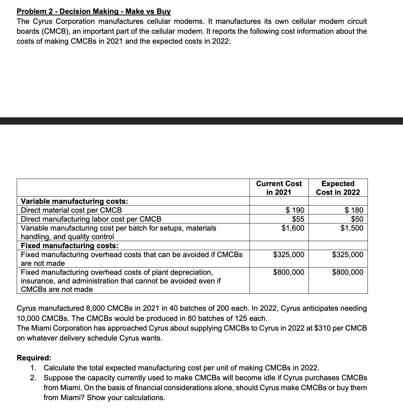  Problem 2 - Decision Making - Make vs Buy The Cyrus