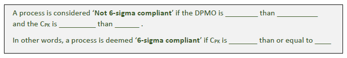 Exercise II:MeanStd DevDPMOCPKIs process 6-sigma compliant?100.240.155.4171.47Not Compliant100.230.153.9761.49Not Compliant100.220.152.9061.51Compliant100.210.152.1151.53Compliant100.000.150.0002.00Compliant99.790.152.1151.53Compliant99.780.152.9061.51Compliant99.770.153.9761.49Not Compliant99.760.155.4171.47Not CompliantWhat can you