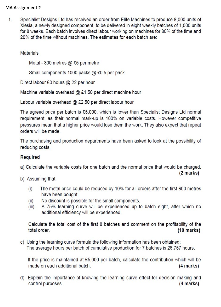 MA Assignment 2 1. Specialist Designs Ltd has received an order