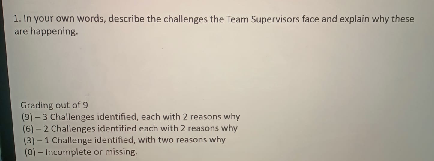 Describe the three challenges the team supervisors face and explain why this