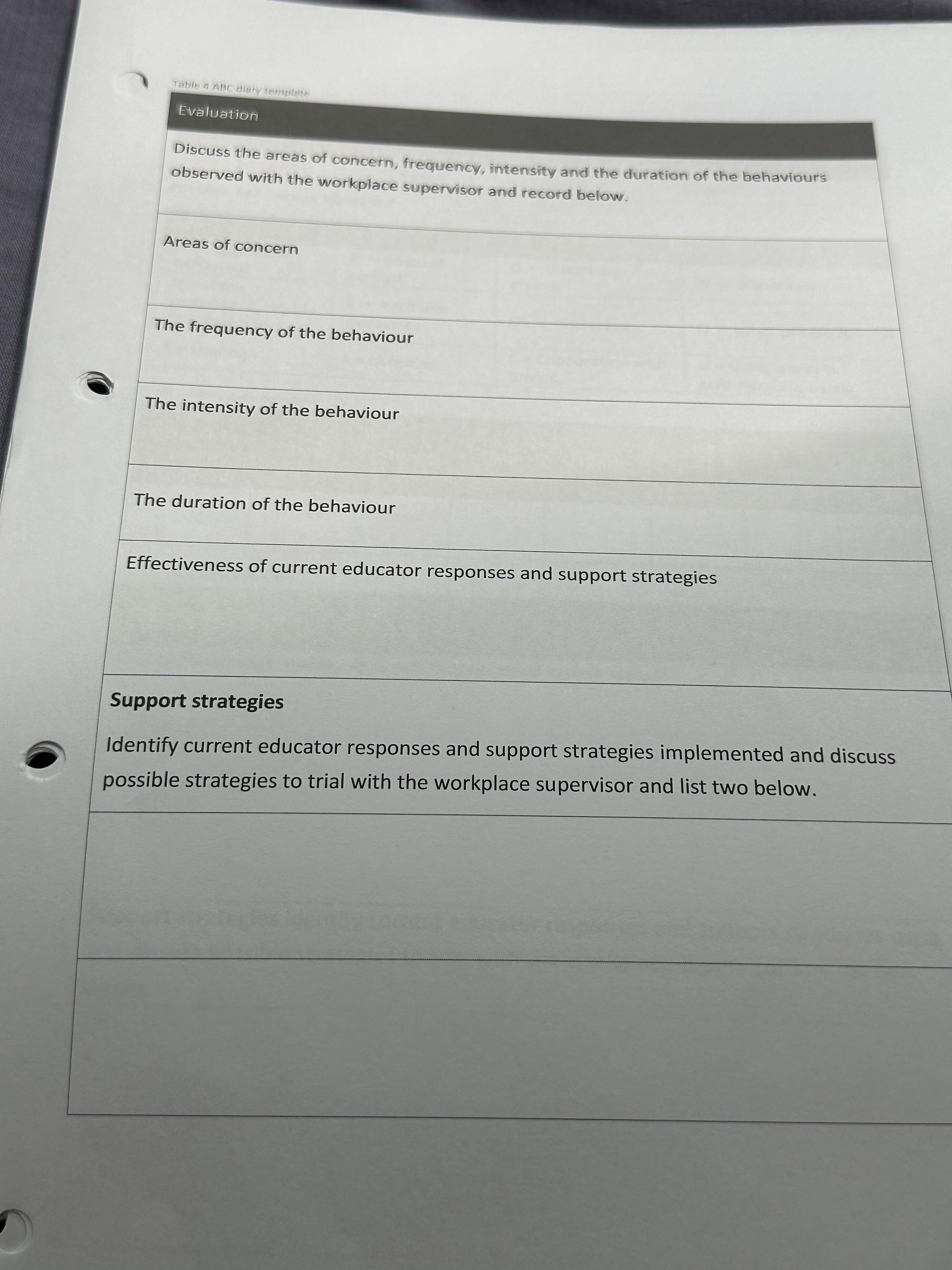 description/summary of events that occurred in time sample Support strategies Identify current