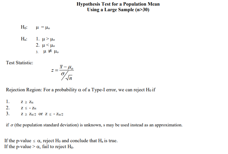 (n>30) Ho: H = Ho Ha: 1. ul > Ho 2. L
