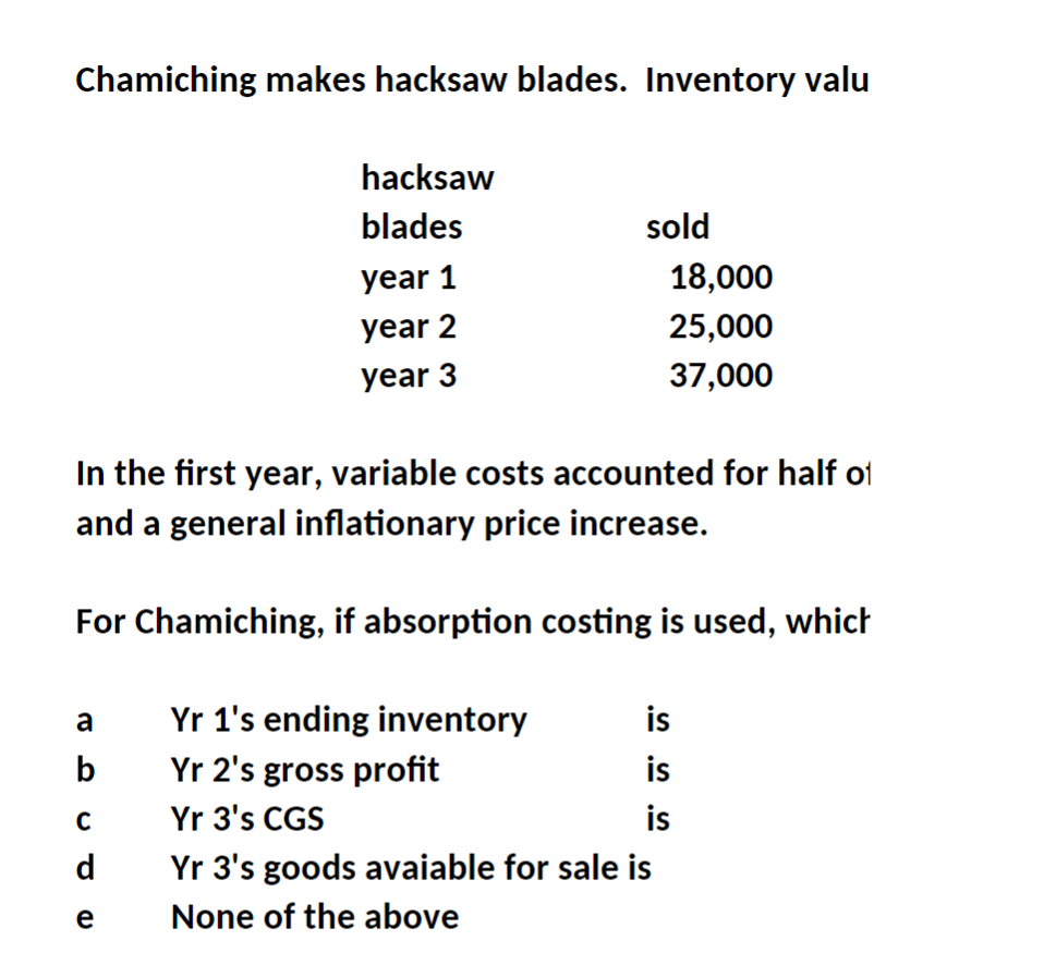 valu hacksaw blades sold year 1 18,000 year 2 25,000 year 3