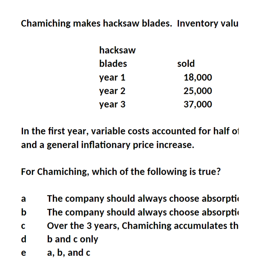 a general inflationary price increase. For Chamiching, which of the following is