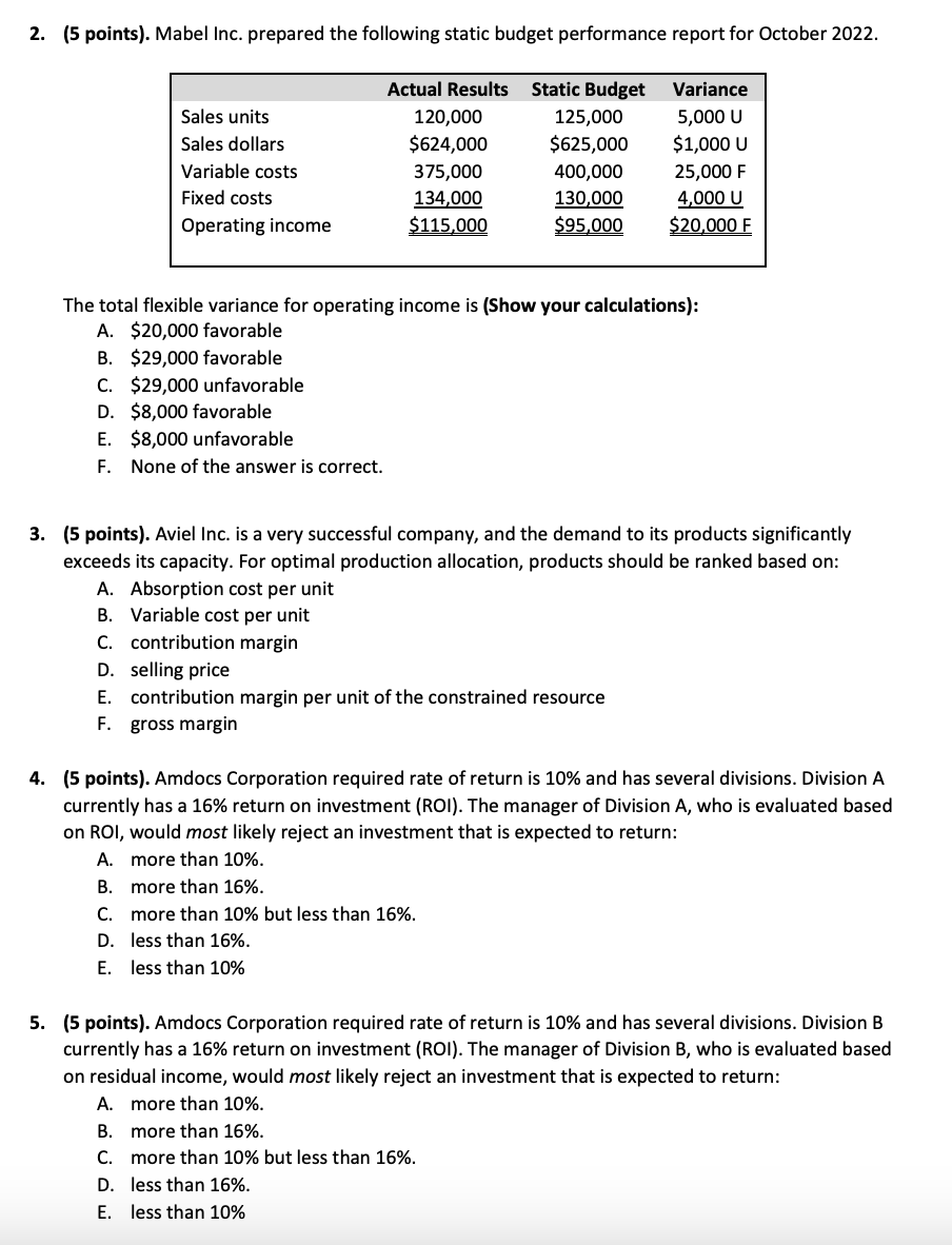  2. 3. [5 points). Mabel Inc. prepared the following static budget