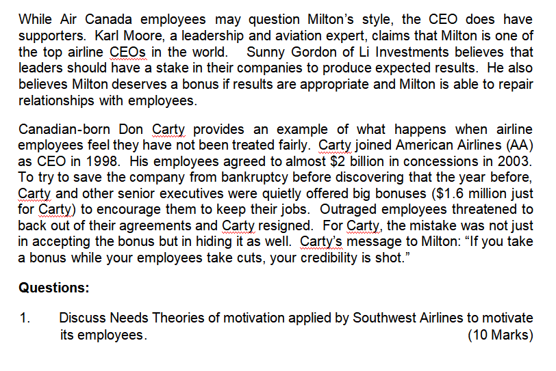 case carefully and answer the questions which follow. Air Canada Employee Morale