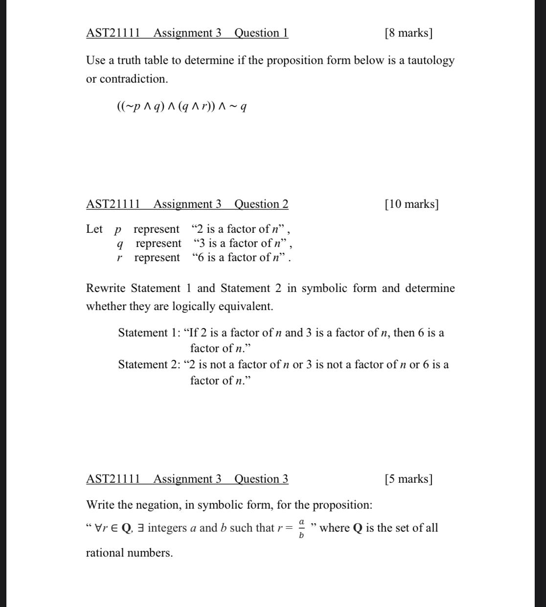 discrete maths AST21111 Assignment 3 Question 1 [8 marks] Use a truth