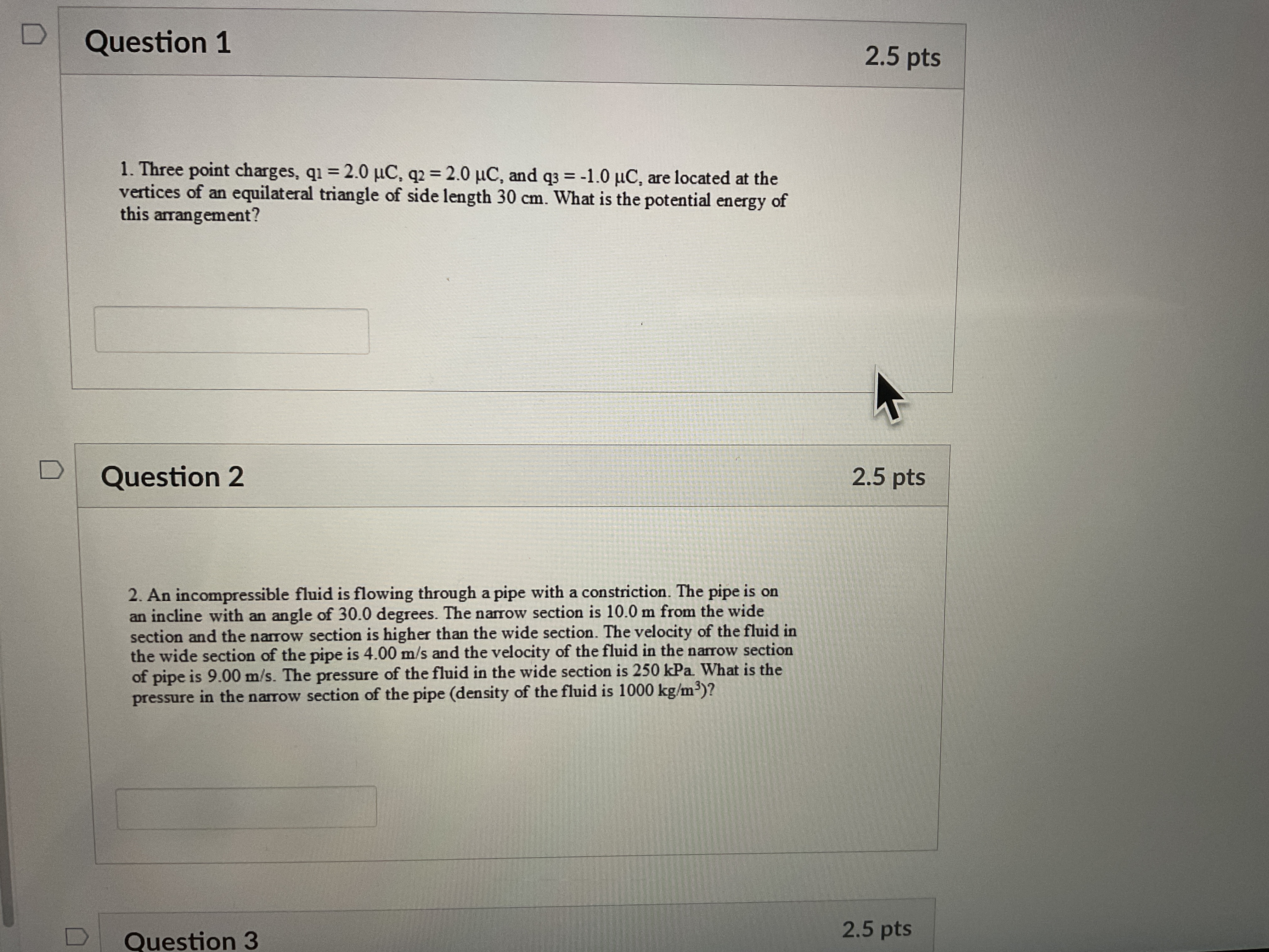 2.0 UC, q2 = 2.0 UC, and q3 = -1.0 uC, are