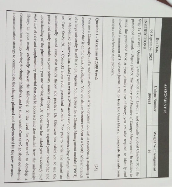ASSIGNMENT 05 Due Date Unique Number Weight % of Assignment 06