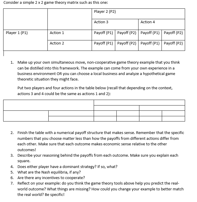 Consider a simple 2 x 2 game theory matrix such as this