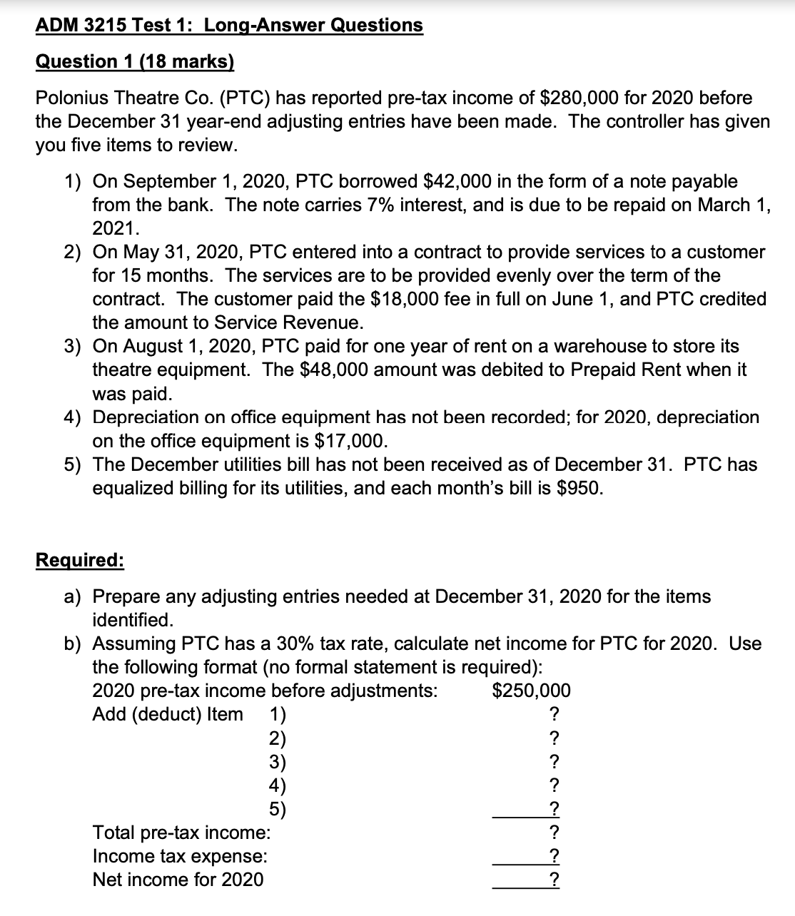 Long-Answer Questions Question 1 (18 marks) Polonius Theatre Co. (PTC) has reported