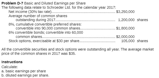  Problem D-7 Basic and Diluted Earnings per Share The following data