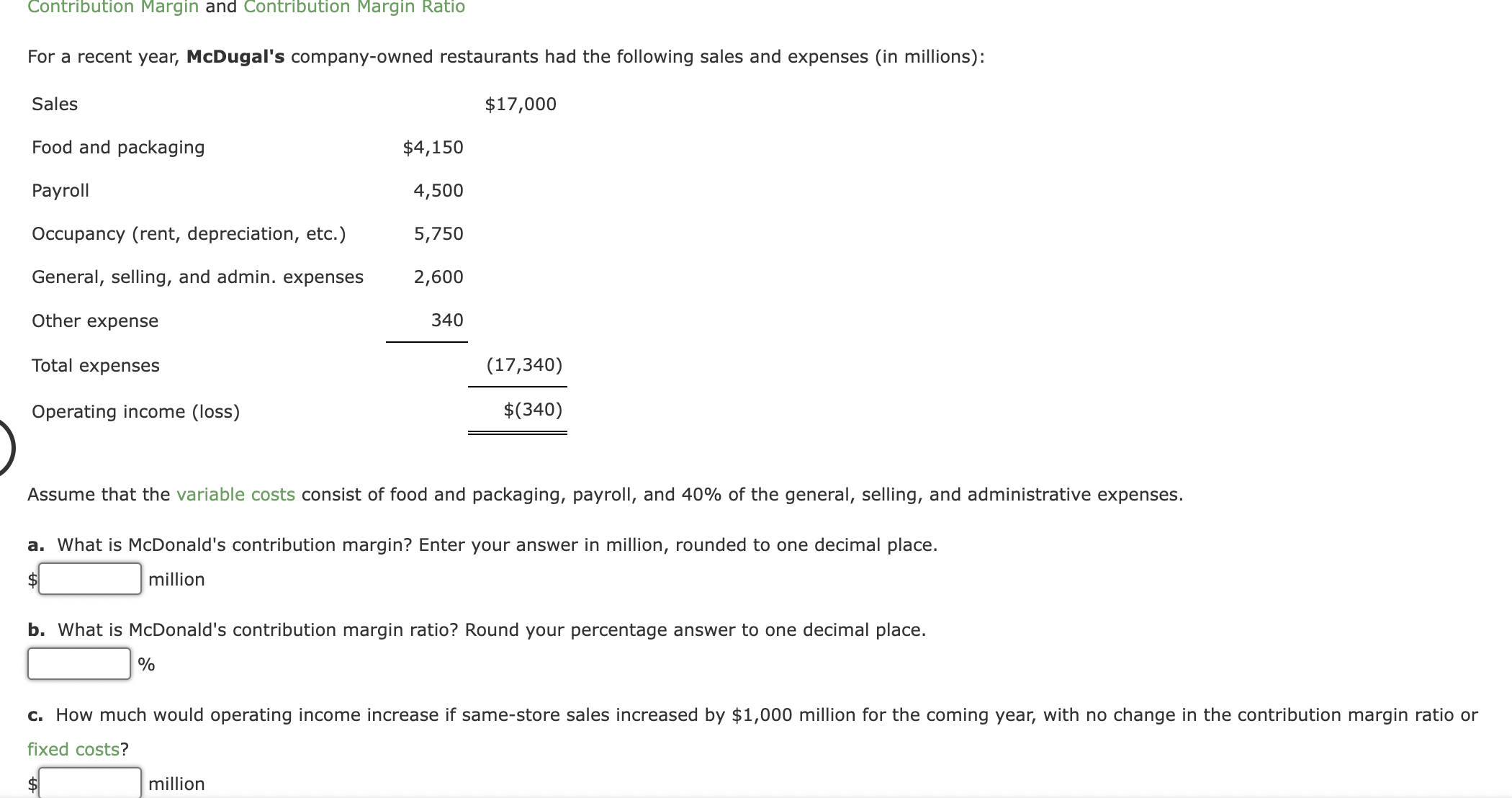 Food and packaging $4,150 Payroll 4,500 Occupancy (rent, depreciation, etc.) 5,750 General,