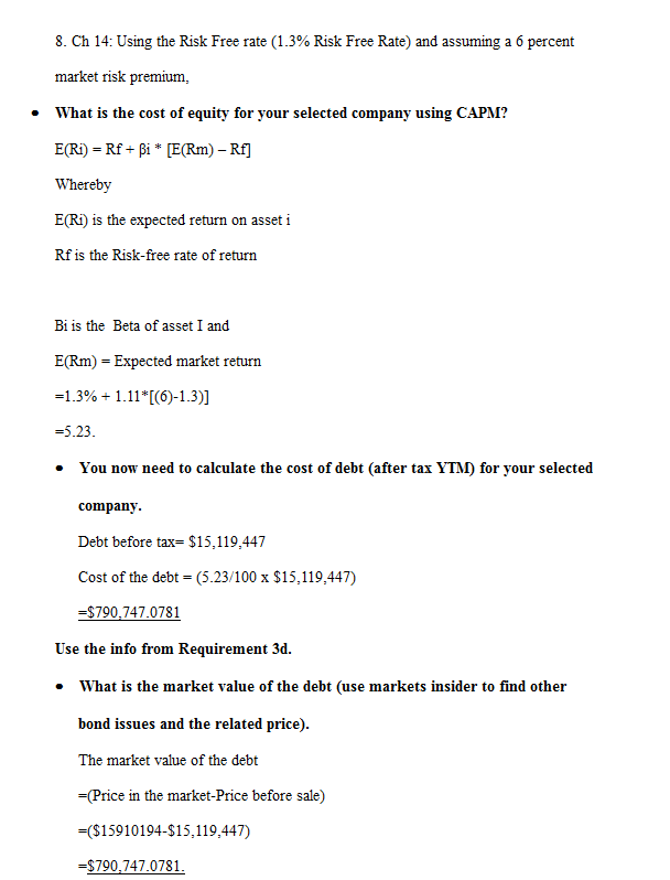 Help me correct thin answer Ch 14: Using the Risk-Free rate
