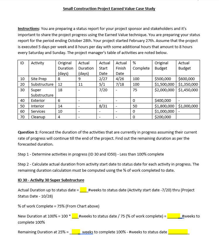  Small Construction Project Earned Value Case Study Instructions: You are preparing