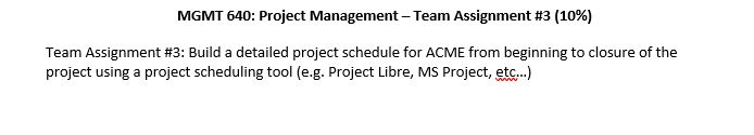 MGMT 640: Project Management - Team Assignment #3 (10%) Team Assignment #3: