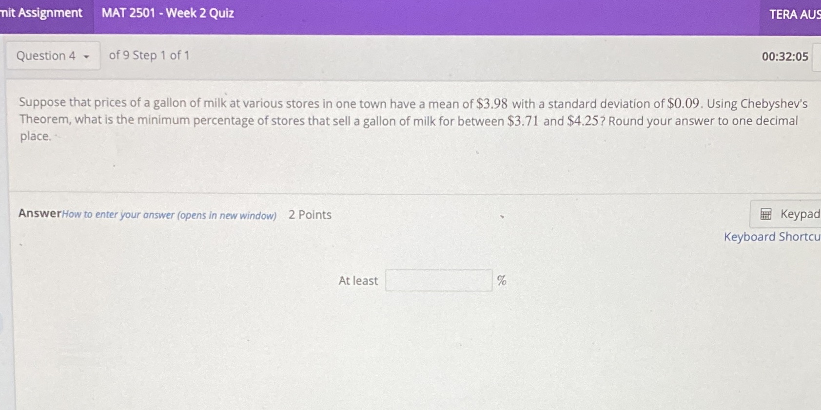 it Assignment MAT 2501 - Week 2 Quiz TERA AU '