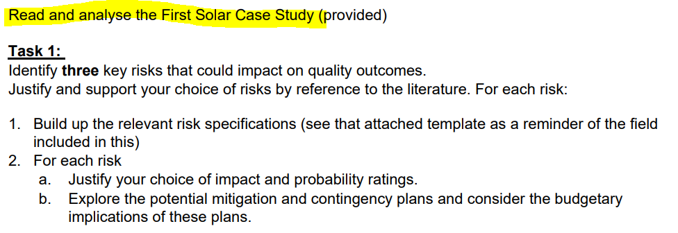  Read and analyse the First Solar Case Study (provided) Task 1: