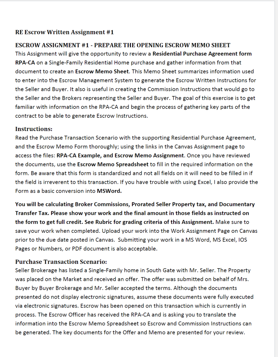 RE Escrow Written Assignment #1 ESCROW ASSIGNMENT #1 - PREPARE THE