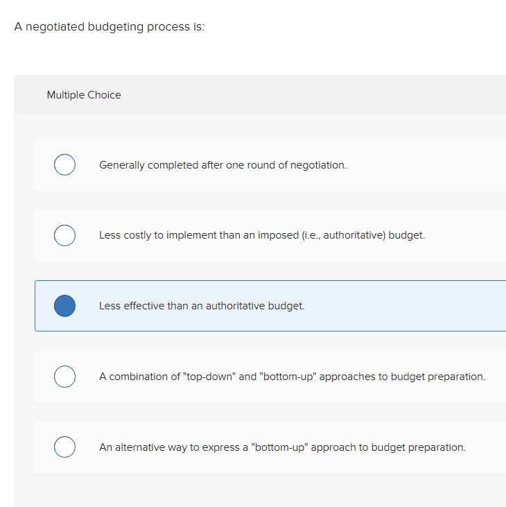 please explain which one is correct answer A negotiated budgeting process is: