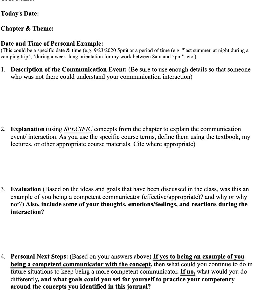  Today's Date: Chapter & Theme: Date and Time of Personal Example: