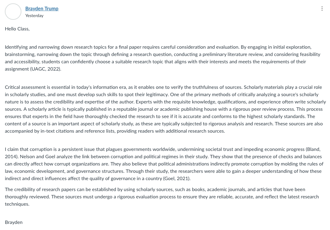 Please help by providing a brief response to each student's post