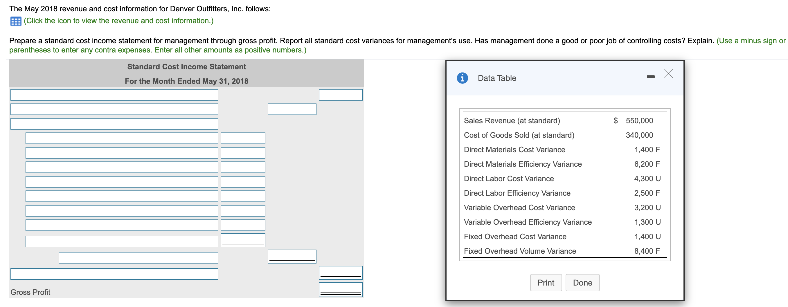 variances. Now compute the variable overhead cost and efficiency variances. Select the