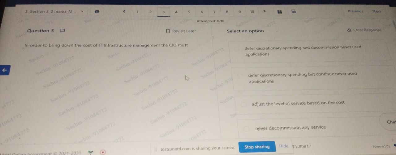 Attempted: 0/10 Question 3 0 Revisit Later Select an option & Clear