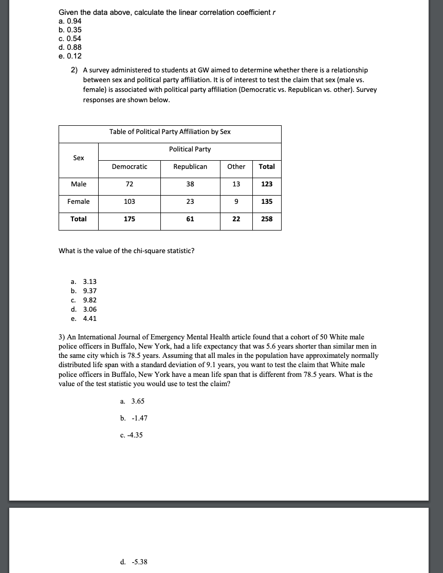 Given the data above, calculate the linear correlation coefficient r a.