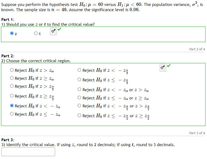 versus H1: / to O Reject Ho ift to O Reject Ho