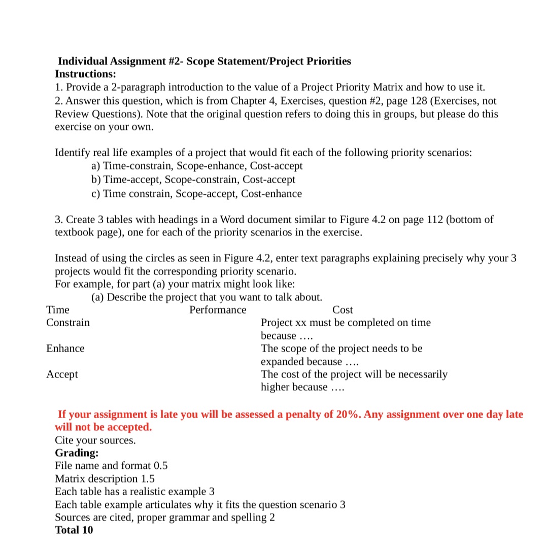  Individual Assignment #2- Scope StatemenProject Priorities Instructions: 1. Provide a 2-paragraph