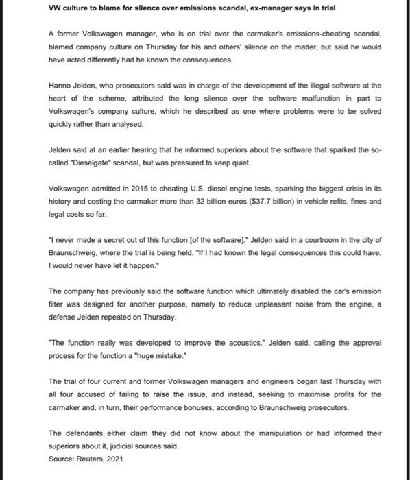 blame for silence over emissions scandal, ex-manager says In trial A former