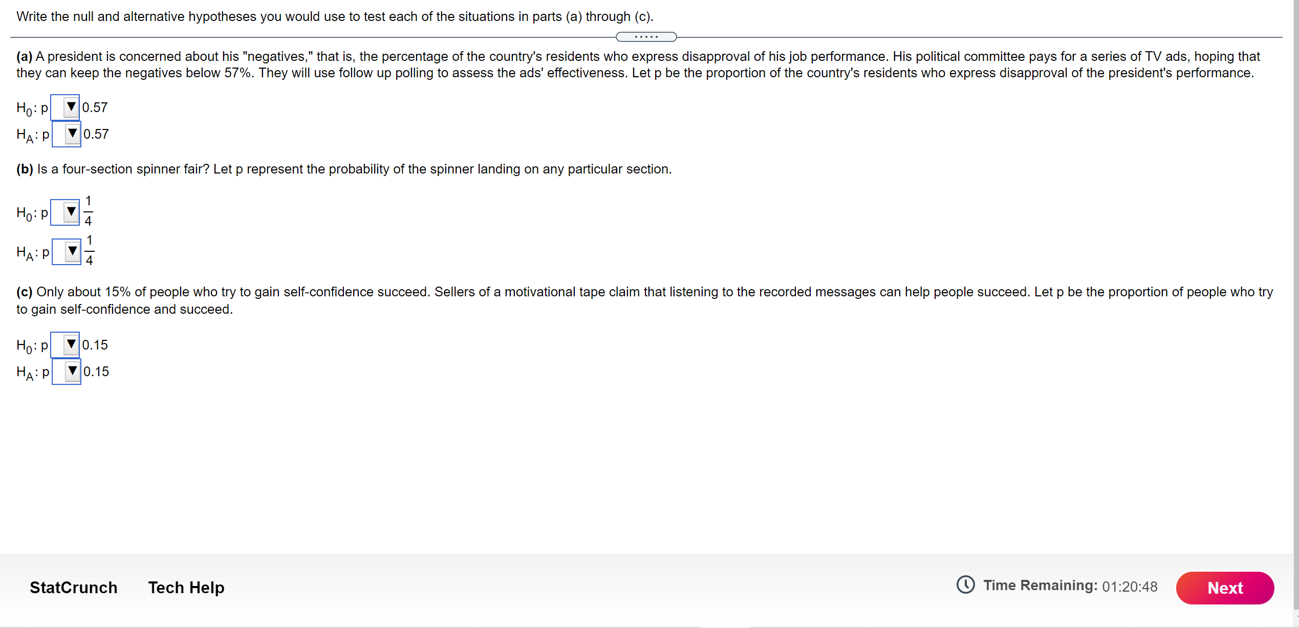 Write the null and alternative hypotheses you would use to test
