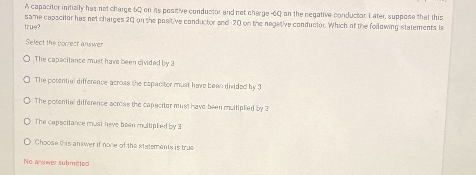 A capacitor initially has net charge 60 on its positive conductor