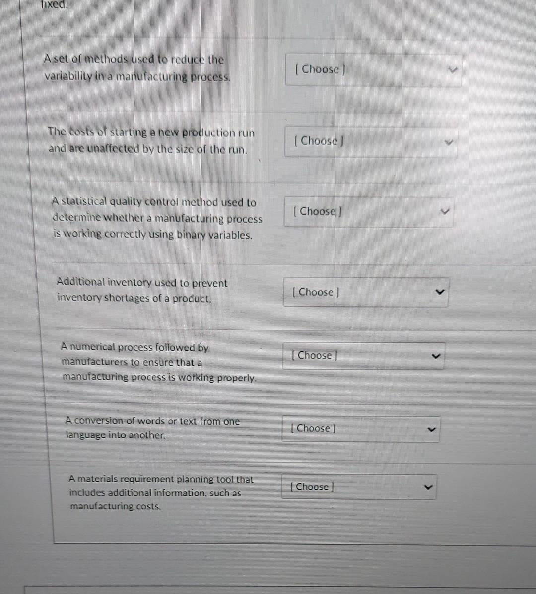 roperly. Master Production Schedule Manufacturing Resource Planning (MRP II) Translation Statistical Quality