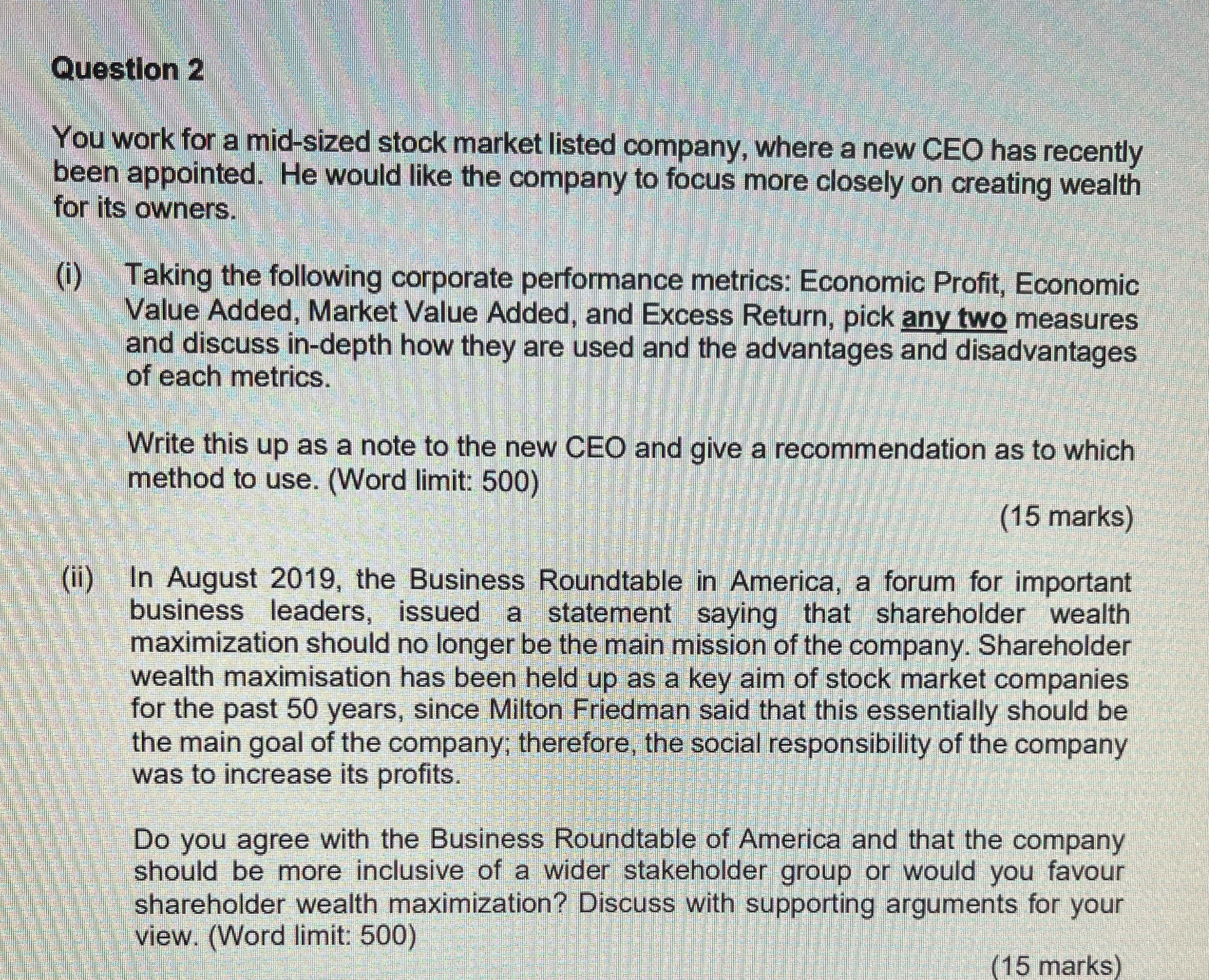 Please help asap - managing corporate Value Question 2 You work for