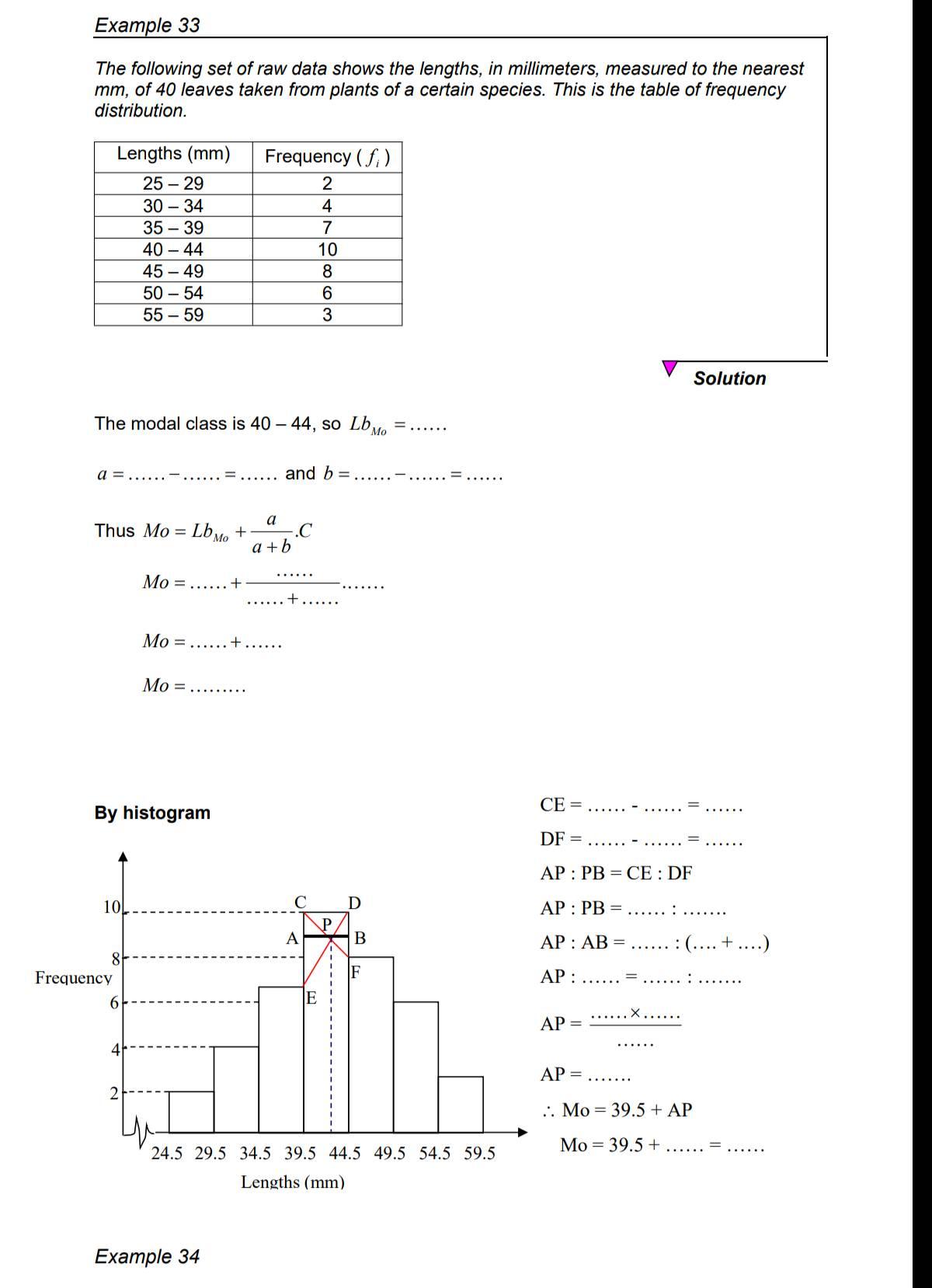is the table of frequency distribution. Lengths (mm) Frequency ( f, )