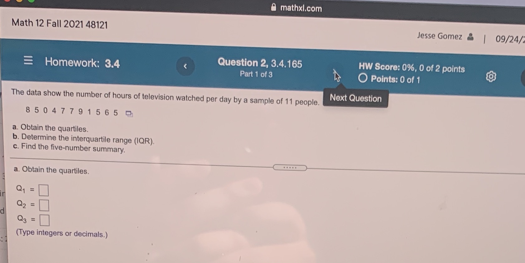 mathxl.com Math 12 Fall 2021 48121 Jesse Gomez & | 09/24/