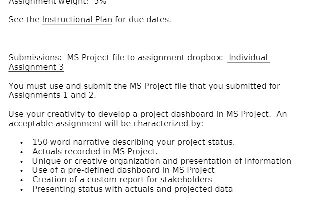 MS Project file to assignment dropbox: Individual Assignment 3 You must use