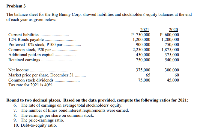 liabilities and stockholders' equity balances at the end of each year as