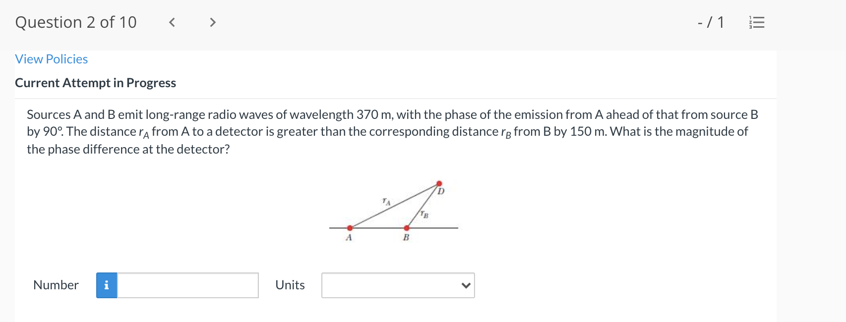 and B emit long-range radio waves of wavelength 370 m, with the