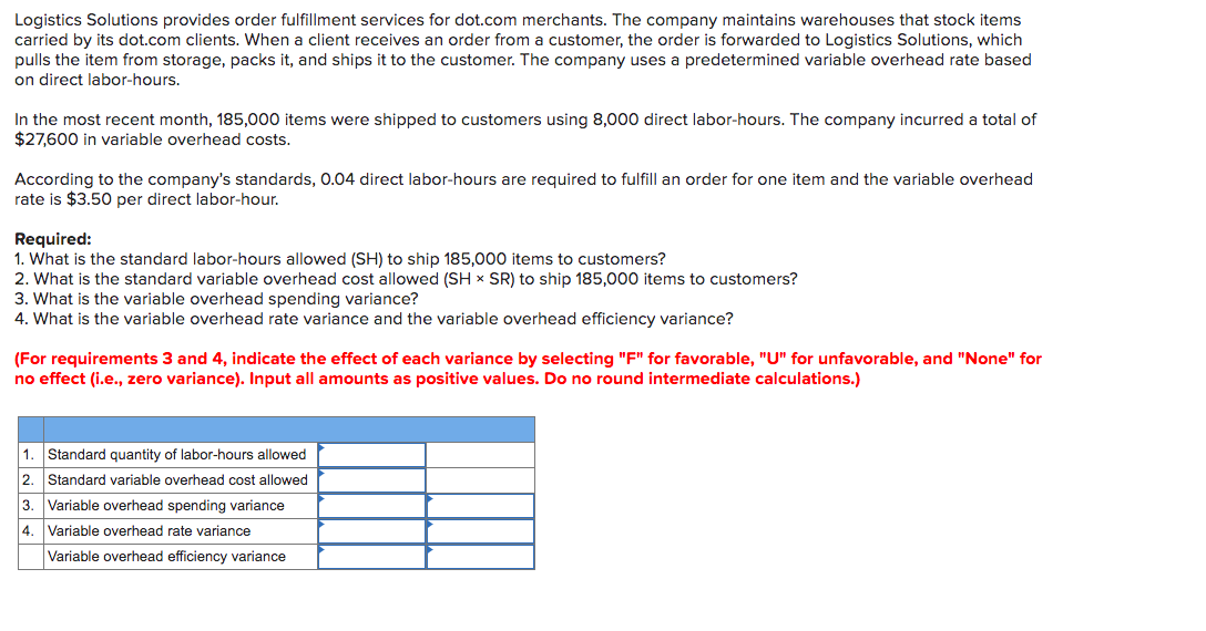 Need help with this managerial accounting problem Logistics Solutions provides order fulfillment