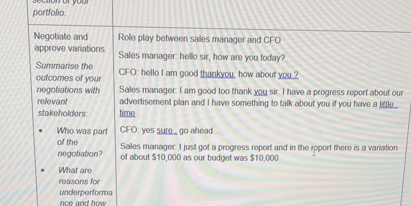 down a role play between sales manager and cfo about approving variance