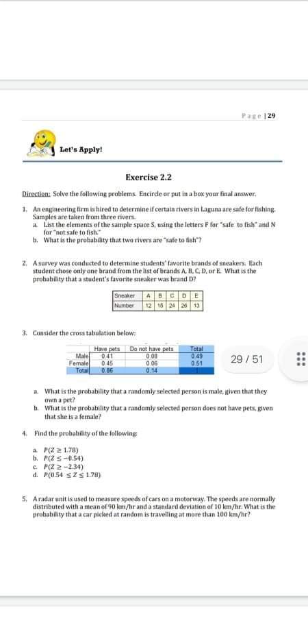 Probability: Page 129 Let's Apply! Exercise 2.2 Direction: Solve the following problems.